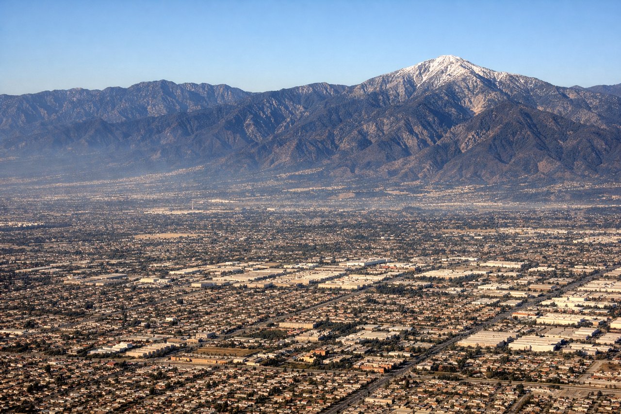 Right window seat view during landing at Ontario (ONT) — San Gabriel Mountains (north, distant ridge), San Bernardino Mountains (northeast horizon), Inland Empire sprawl (right/south), Ontario city grid (below/ahead)