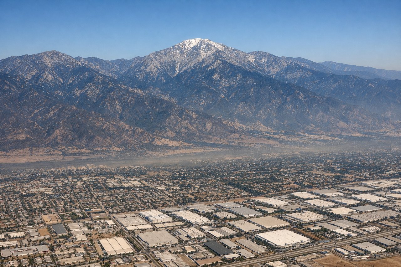 Left window seat view during takeoff from Ontario (ONT) — San Gabriel Mountains (north), San Bernardino Valley urban grid (immediate vicinity), Cajon Pass corridor (northeast distance), Los Angeles basin haze layer (west-northwest)