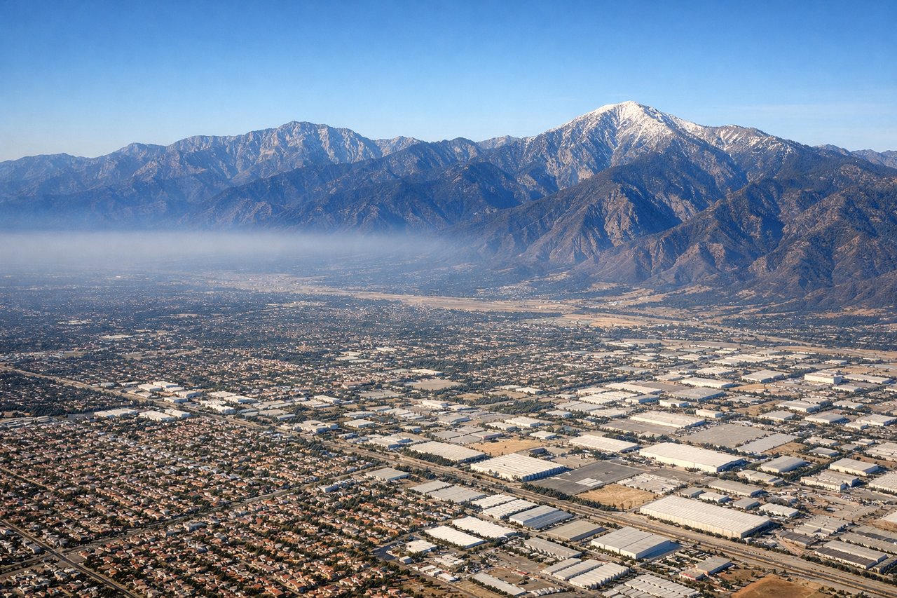 Right window seat view during takeoff from Ontario (ONT) — San Gabriel Mountains (north), San Bernardino Valley urban grid (immediate vicinity), Cajon Pass corridor (northeast distance), Los Angeles basin haze layer (west-northwest)