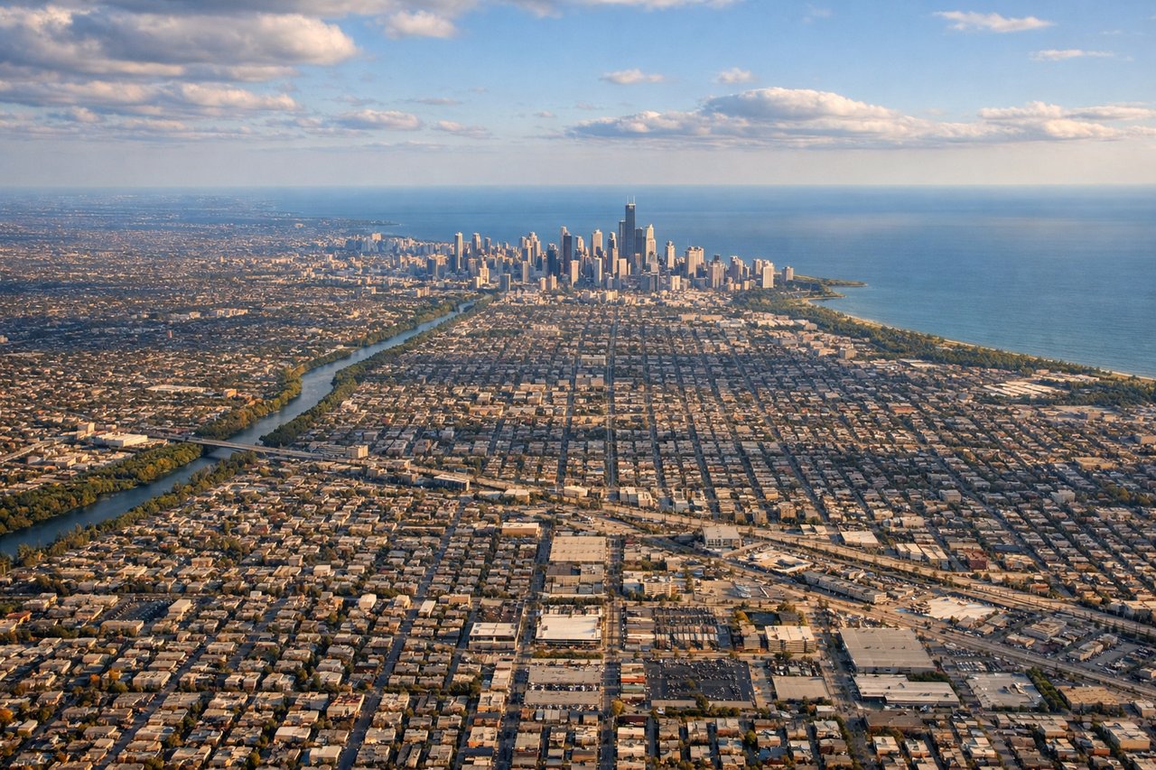 Left window seat view during landing at Chicago (ORD) — Chicago downtown skyline (Willis Tower, Hancock Center), Lake Michigan shoreline, Midway Airport in the distance, suburban grid of the western suburbs