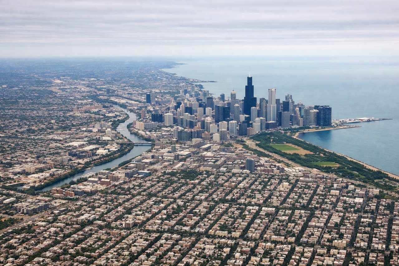 Left window seat view during takeoff from Chicago (ORD) — Chicago downtown skyline (distant, to the south-southeast), Lake Michigan shoreline, O'Hare's runway complex and cargo ramps, western Chicago suburbs and the Des Plaines River corridor