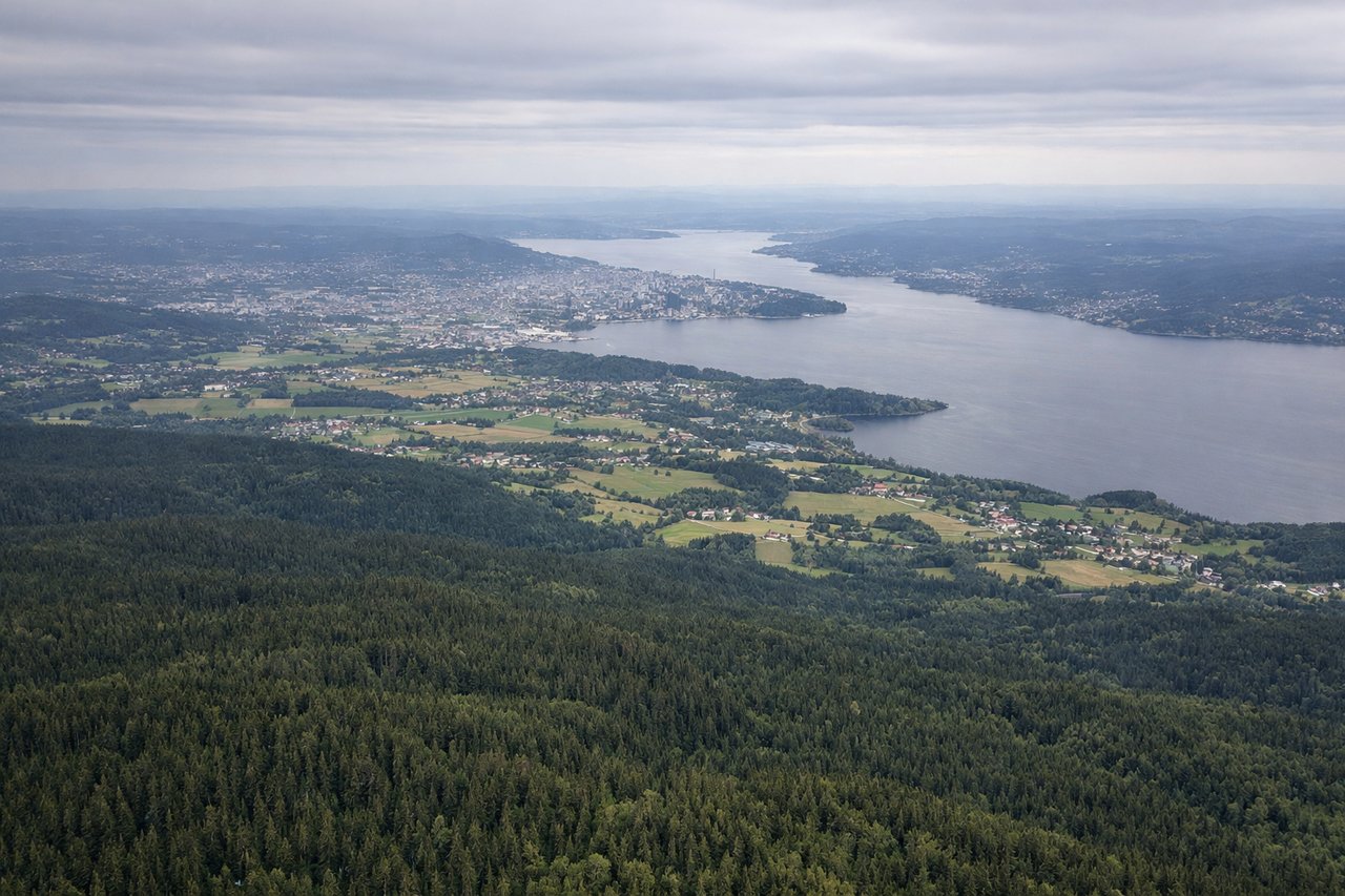 Left window seat view during landing at Oslo (OSL) — Oslofjord and Oslo city skyline (distant, southbound view), Nordmarka forested hills, Akershus farmland, Gardermoen airport approach terrain