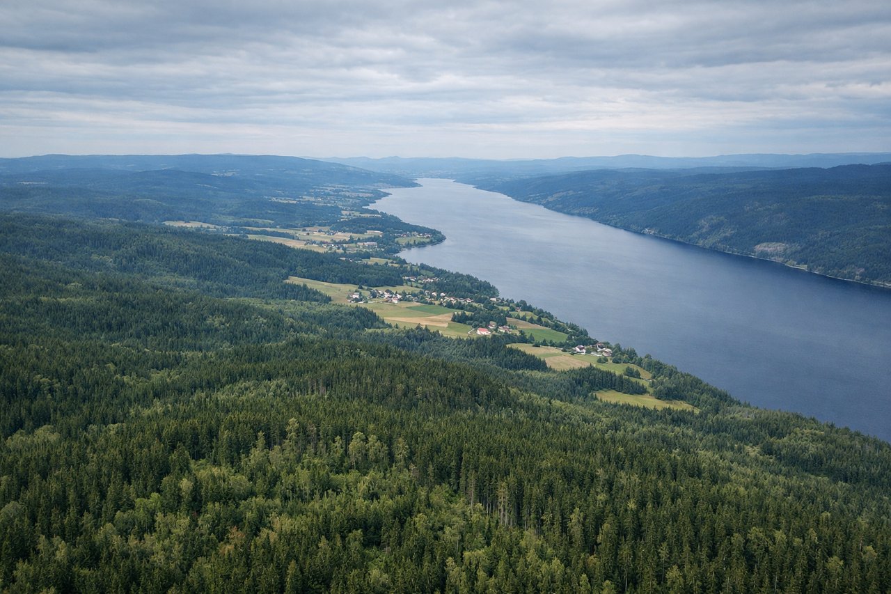 Aerial window seat view during landing at Oslo (right side) — Oslo Fjord's branching arms and islands (Hovedøya, Lindøya visible in the fjord system), extensive boreal forest and lake network of southeastern Norway, Oslo city center and harbor district during final approach