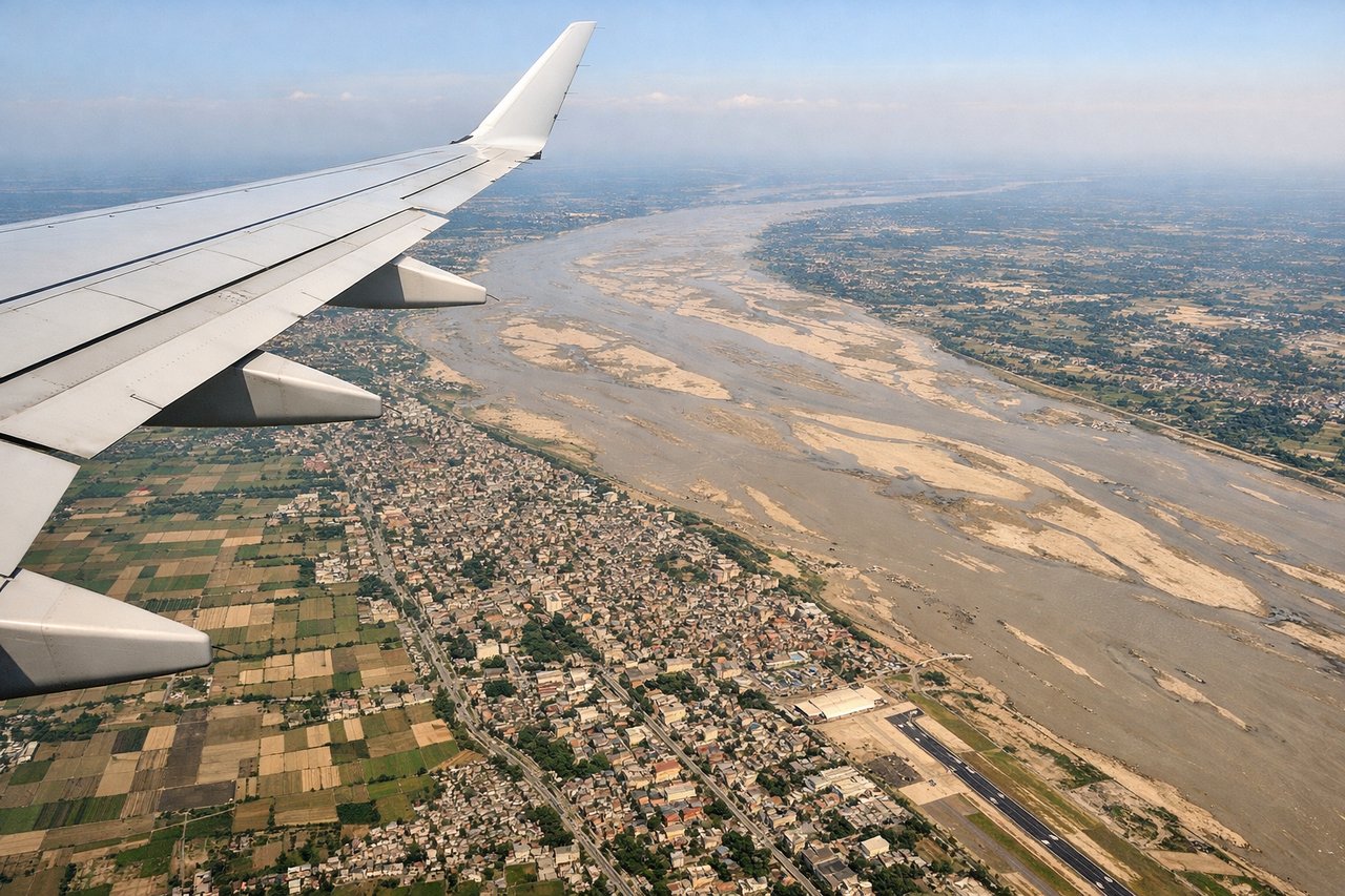 Left window seat view during landing at Patina (PAT), Ganges River main channel, Ganges floodplain and oxbow lakes, Patna city grid to the south, agricultural fields in the Indo-Gangetic Plain