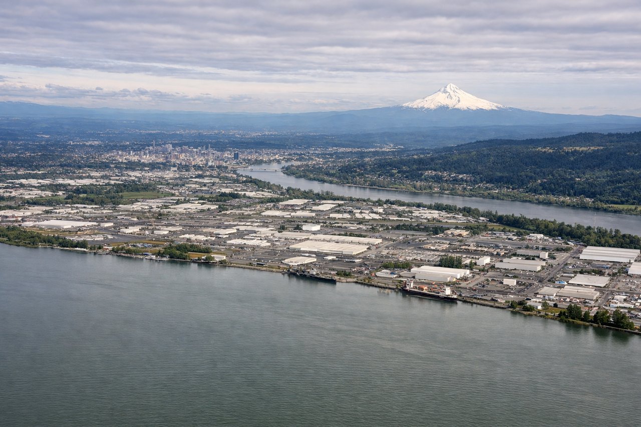 Aerial window seat view during landing at Portland (left side) — Mount Hood, Columbia River Gorge, Columbia River, Willamette Valley farmland