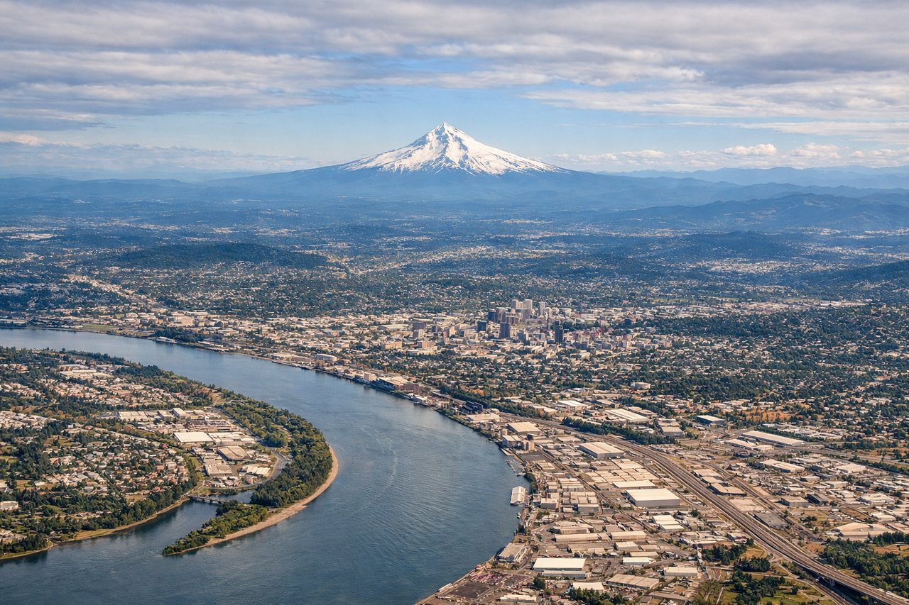 Left window seat view during takeoff from Portland (PDX) — Mount Hood, Downtown Portland skyline, Willamette River, Columbia River