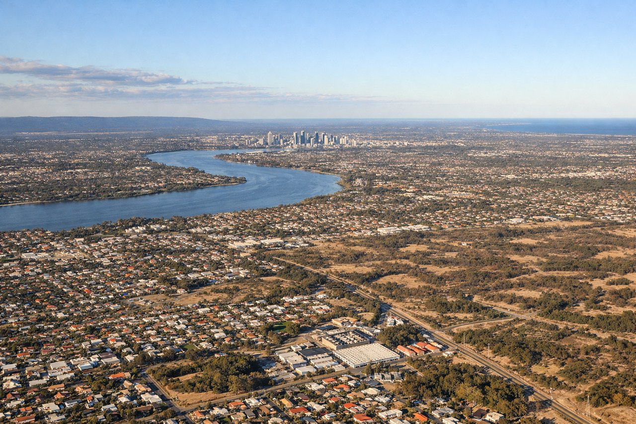 Aerial window seat view during landing at Perth (right side) — Swan River estuary, Fremantle Harbour, Rottnest Island, Perth CBD skyline