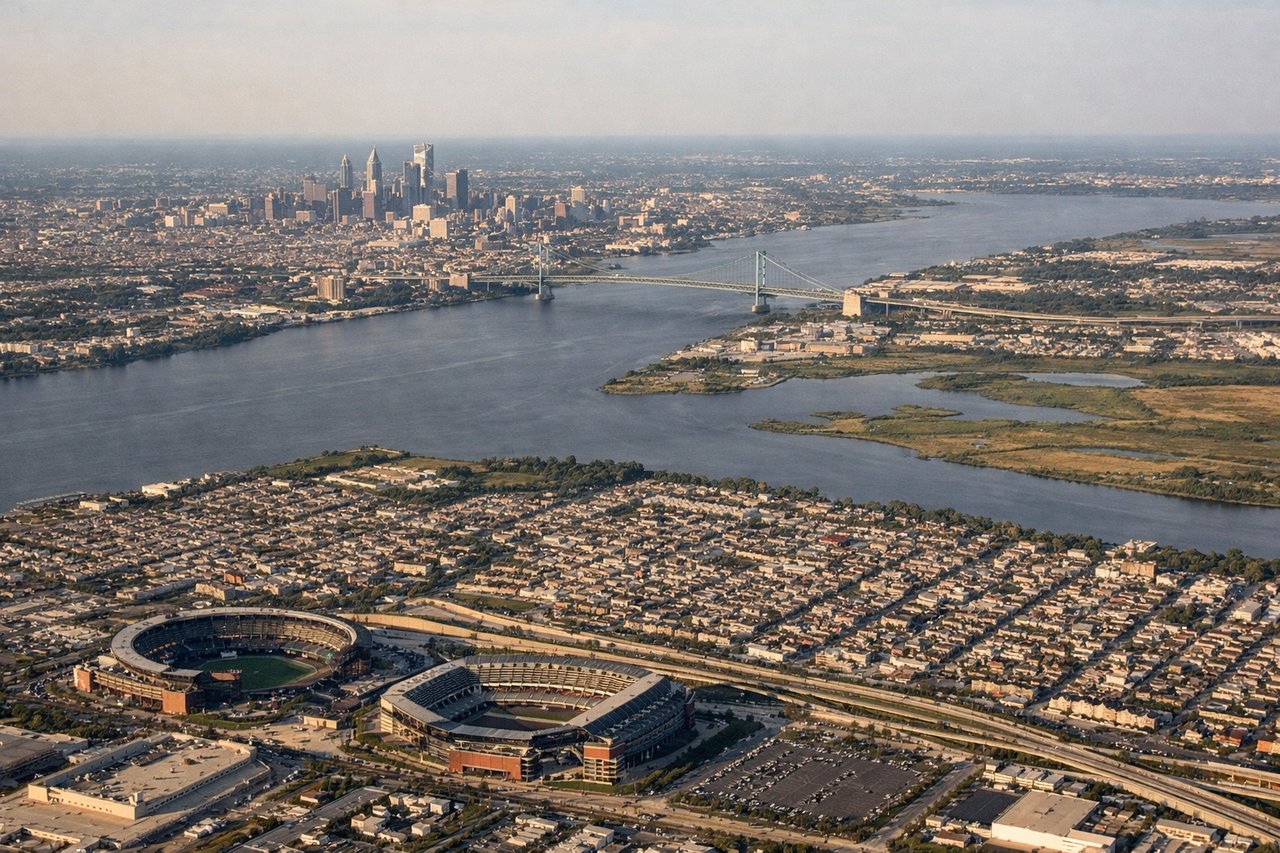 Aerial window seat view during landing at Philadelphia (left side) — Philadelphia skyline, Delaware River, Schuylkill River, Center City towers