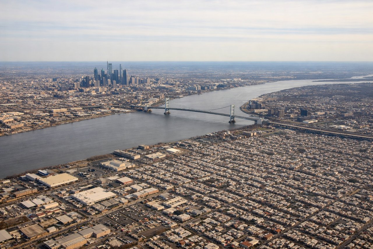 Aerial window seat view during takeoff from Philadelphia (right side) — Delaware River, Philadelphia skyline, Camden waterfront, South Jersey flatlands