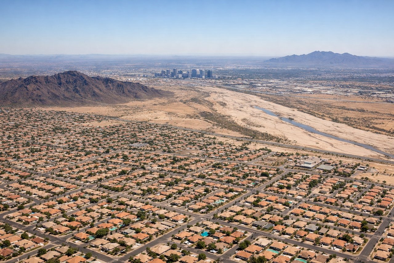 Aerial window seat view during landing at Phoenix (left side) — South Mountain Park ridgeline, downtown Phoenix skyline, Tempe Town Lake, Salt River bed