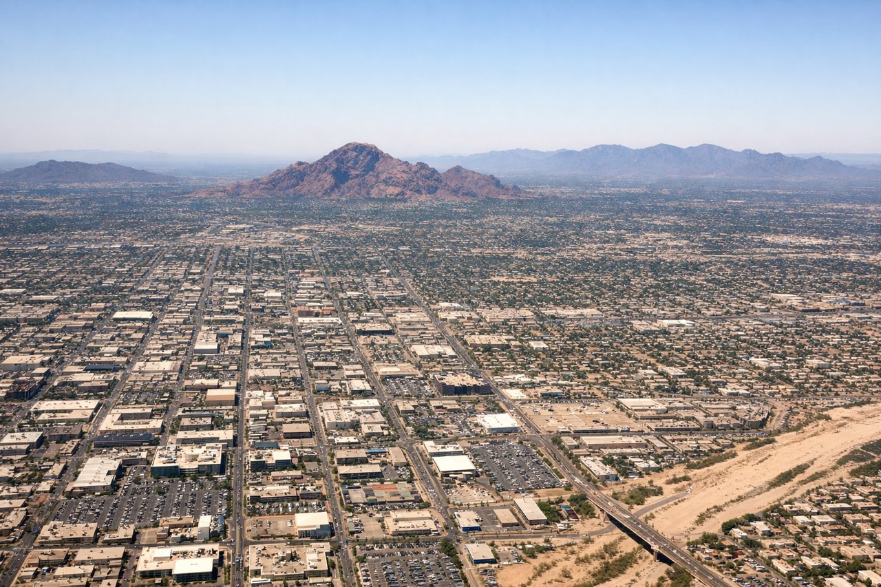 Aerial window seat view during takeoff from Phoenix (left side) — Phoenix metropolitan area, Salt River Valley, McDowell Mountains to the northeast, Sonoran Desert