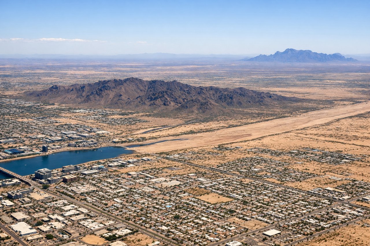 Aerial window seat view during takeoff from Phoenix (right side) — South Mountain Park, Superstition Mountains, Salt River agricultural valley, downtown Phoenix skyline