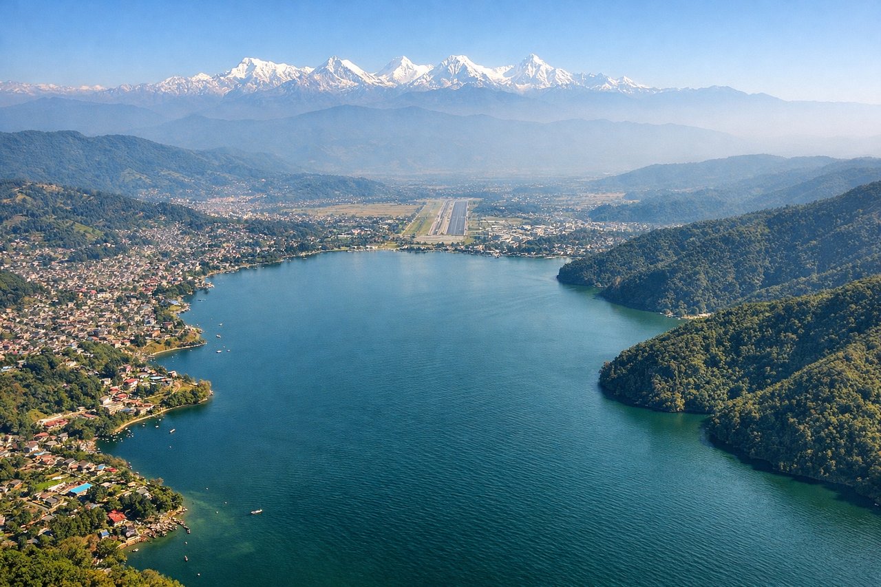 Left window seat view during landing at Pokhara (PKR) — Annapurna I and the Annapurna range (north/northwest), Pokhara Valley floor with Phewa Lake visible as a dark water body, Machhapuchhare (Fishtail) peak to the northeast, surrounding forested ridges and agricultural terraces