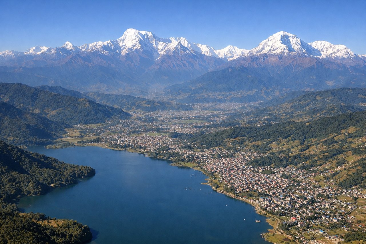 Right window seat view during takeoff from Pokhara (PKR) — Annapurna range (northwest horizon), Dhaulagiri peaks (far northwest), Pokhara Valley floor (below and behind), Fewa Lake (visible briefly during initial climb)