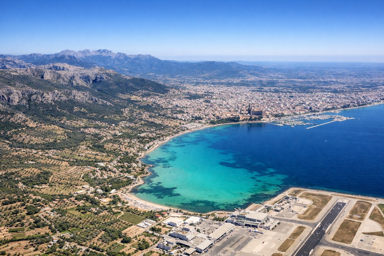 Left window seat view during landing at Palma De Mallorca (PMI) — Bay of Palma, Palma city skyline and cathedral (La Seu), Mediterranean coastline, distant Serra de Tramuntana foothills