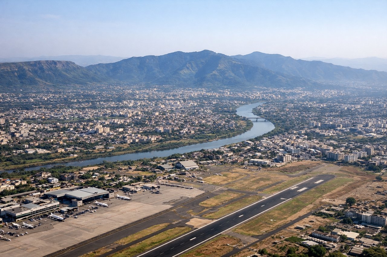Left window seat view during takeoff from Pune (PNQ) — Western Ghats escarpment (left/north), Pune city sprawl (below/behind), Mula-Mutha River valley system (center-left during climb), Sahyadri peaks on distant horizon (left)