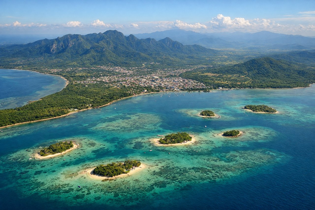 Aerial window seat view during landing at Puerto Princesa (left side) — Puerto Princesa Bay, Palawan limestone cliffs, Honda Bay islands, Sulu Sea