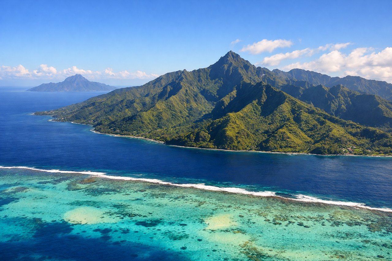 Aerial window seat view during takeoff from Papeete (right side) — Mount Orohena (Tahiti's highest peak at 7,352 ft), Moorea Island (visible northwest across the channel), Papeete Harbor and coastal development, Society Islands reef systems