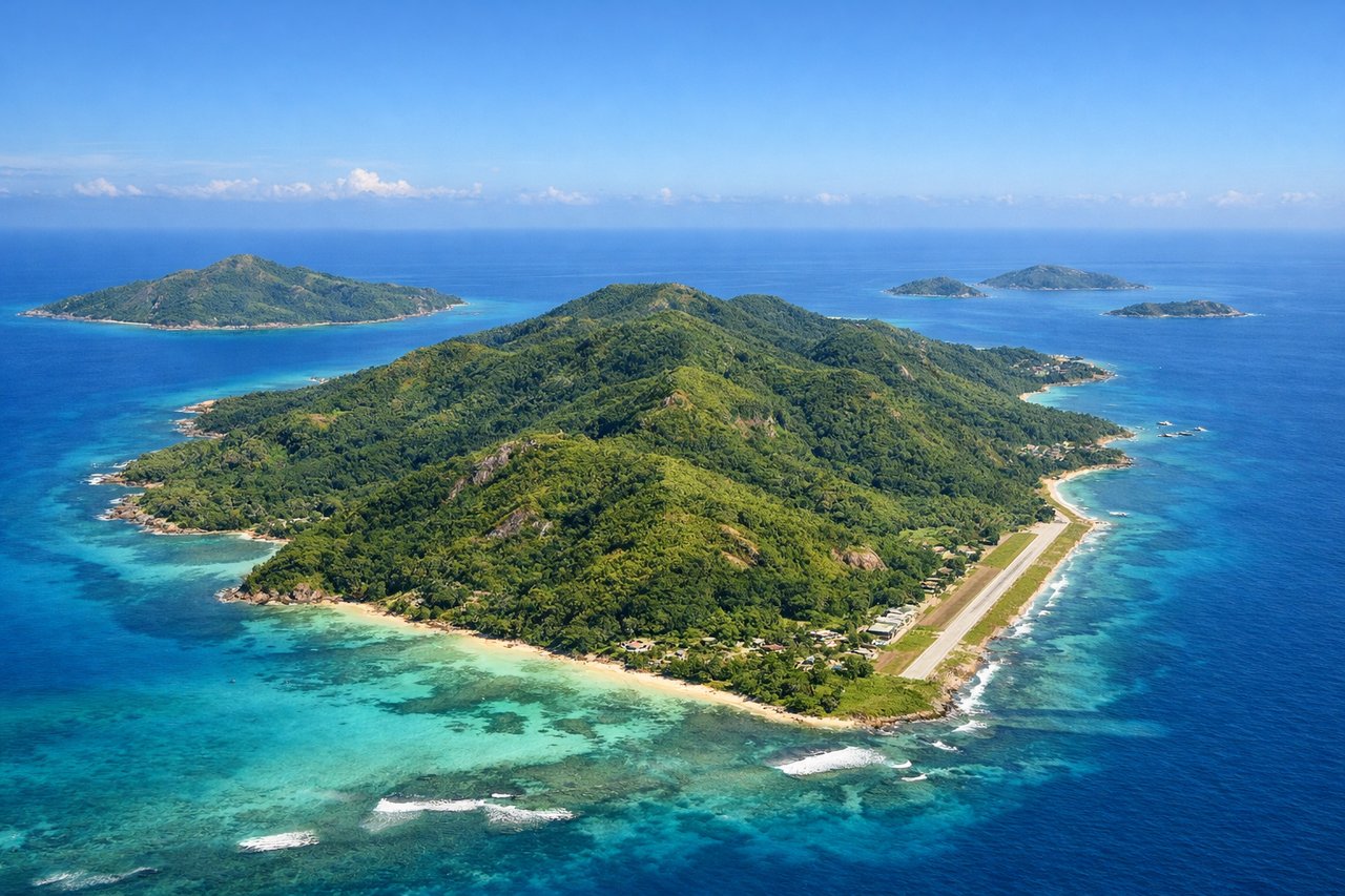 Left window seat view during landing at Praslin (PRI) — Praslin Island's central granite hills, Curieuse Island (smaller, to the northeast), Aride Island (tiny, northern horizon), St. Pierre islet (small rocky outcrop visible near Praslin's coast)
