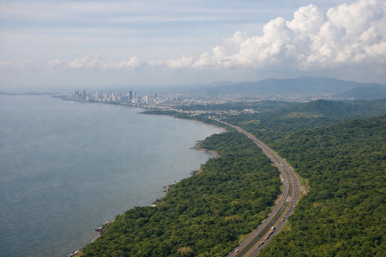 Left window seat view during landing at Panama City (PTY) — Panama City skyline (Punta Pacifica, financial district towers), Panama Canal entrance/Gatun Lake area to the southeast, Darién Gap forest mass to the south and southwest, Tocumen airfield taxiways and parallel runways below