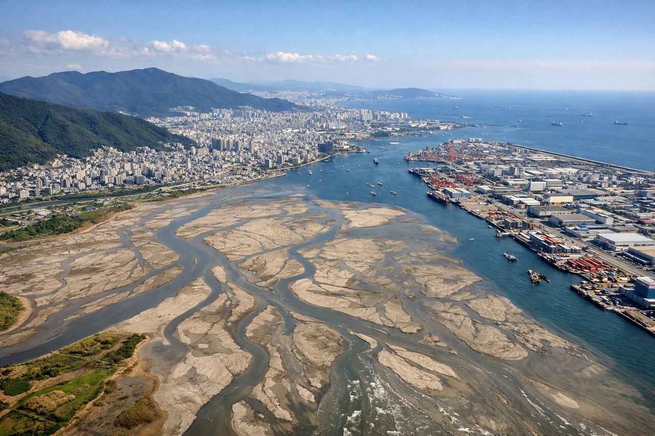 Left window seat view during landing at Kimhae (PUS) — Nakdong River delta and estuary, Busan port and container terminals to the southeast, Gadeok Island in the middle distance, coastal industrial zones