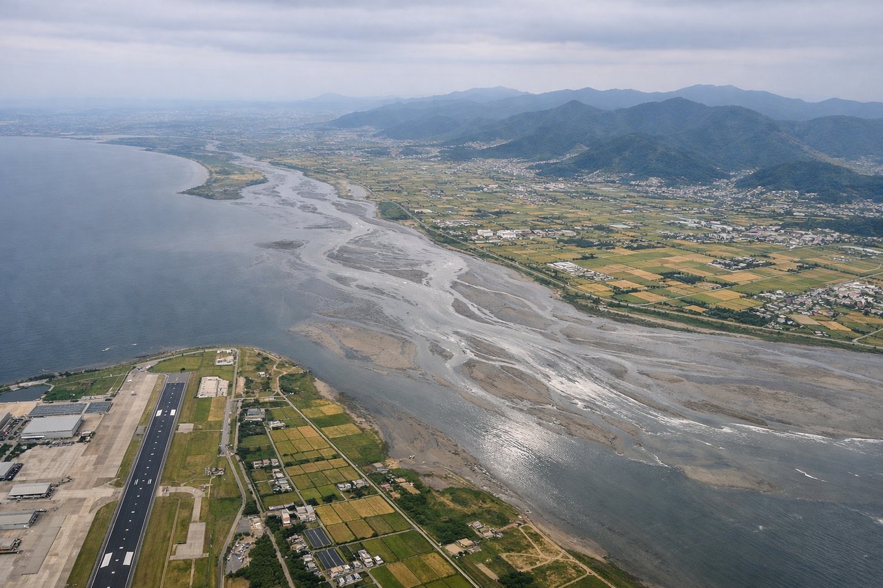Right window seat view during landing at Kimhae (PUS) — Nakdong River delta and estuary, Busan port and container terminals to the southeast, Gadeok Island in the middle distance, coastal industrial zones