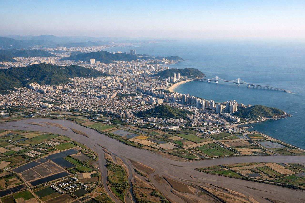Right window seat view during takeoff from Kimhae (PUS) — Nakdong River estuary, Busan harbor and port facilities, Gadeok Island, Korea Strait coastline