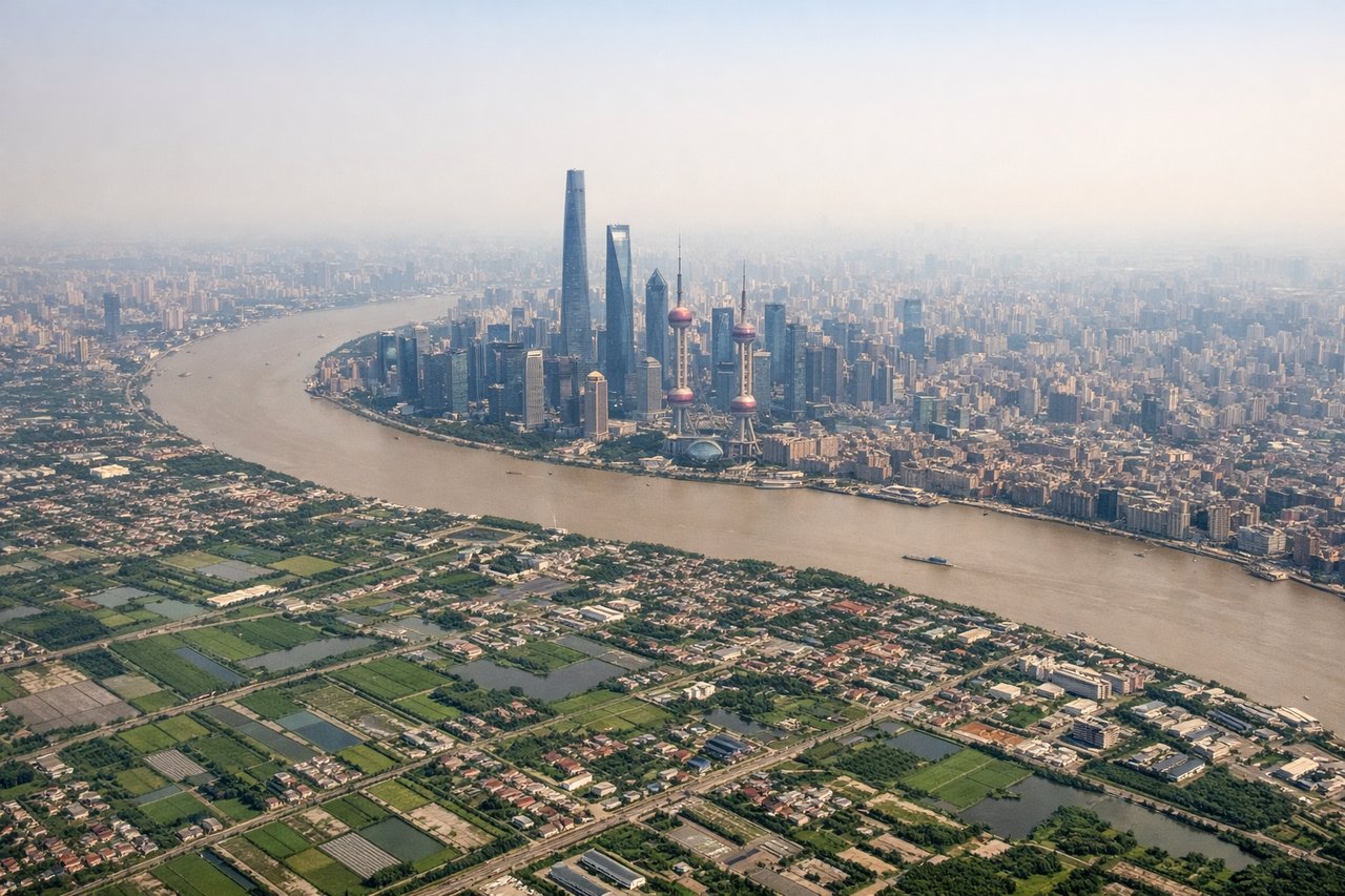 Aerial window seat view during landing at Shanghai (left side) — Yangtze River estuary, Hangzhou Bay, Shanghai Pudong skyline, East China Sea coastline
