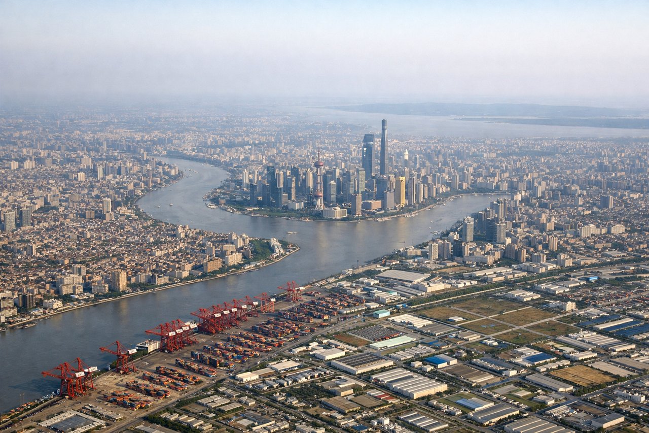 Left window seat view during takeoff from Shanghai (PVG) — Pudong Lujiazui skyline (Oriental Pearl Tower, Shanghai Tower, Jin Mao Tower), Huangpu River, southern Shanghai suburbs