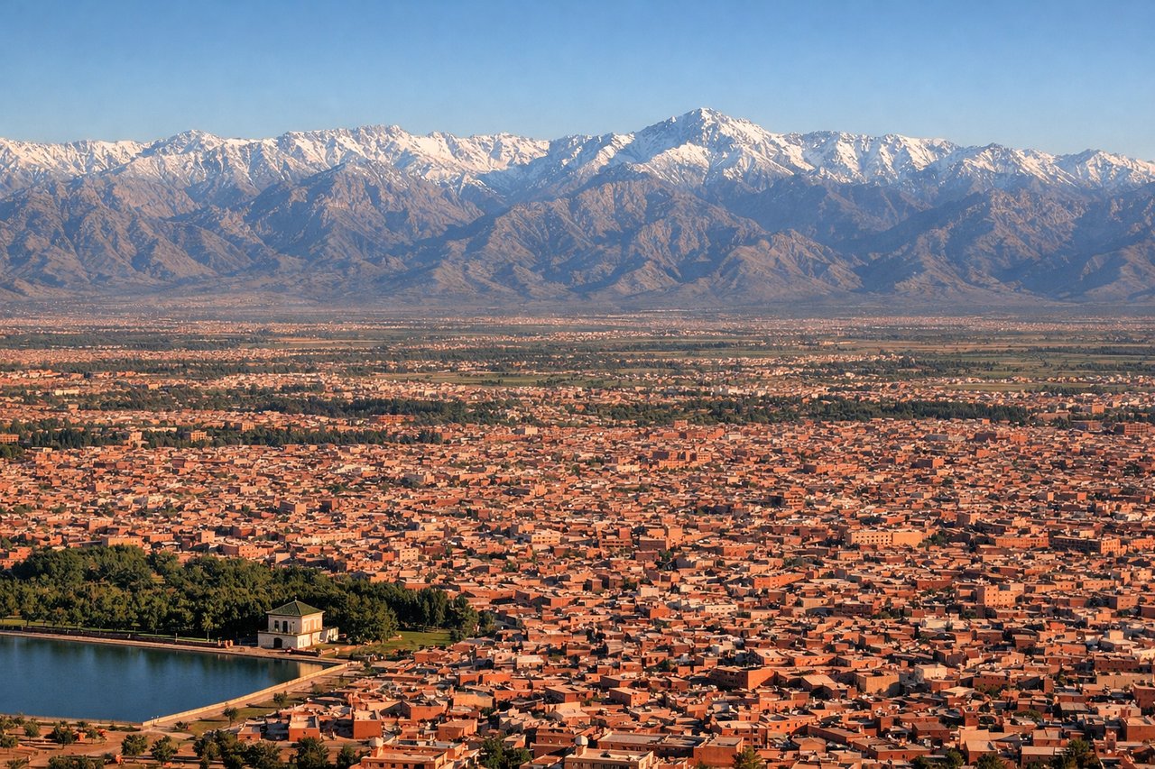 Aerial window seat view during landing at Marrakech (left side) — Atlas Mountains (High Atlas range, snow-capped peaks visible on clear days), Haouz Plain (agricultural grid pattern), Marrakech's medina and surrounding urban area, Anti-Atlas foothills (southern horizon)