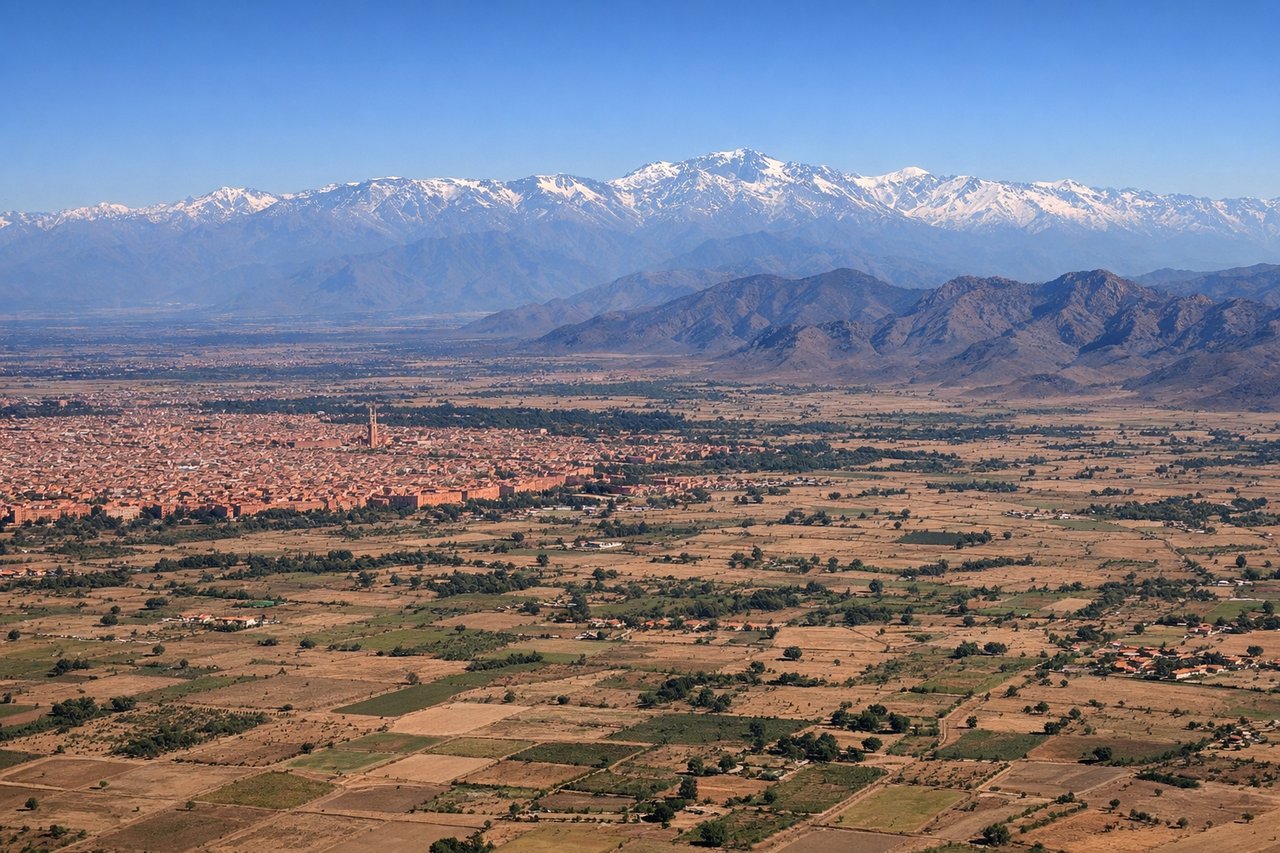 Right window seat view during landing at Marrakech (RAK) — Atlas Mountains (south and southwest horizon), Marrakech medina and urban sprawl (left side, middle distance), Koutoubia Mosque minaret area (left, mid-distance), Menara Gardens and olive groves (left foreground as descent continues)
