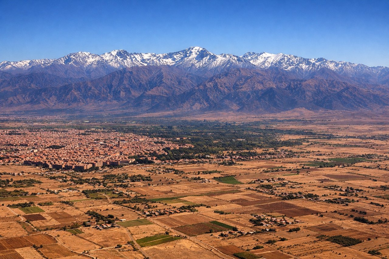 Aerial window seat view during takeoff from Marrakech (left side) — Jbel Toubkal and High Atlas range to the southeast, Marrakech medina and palm groves below, Haouz Plain stretching west, foothills of the Atlas transitioning to desert