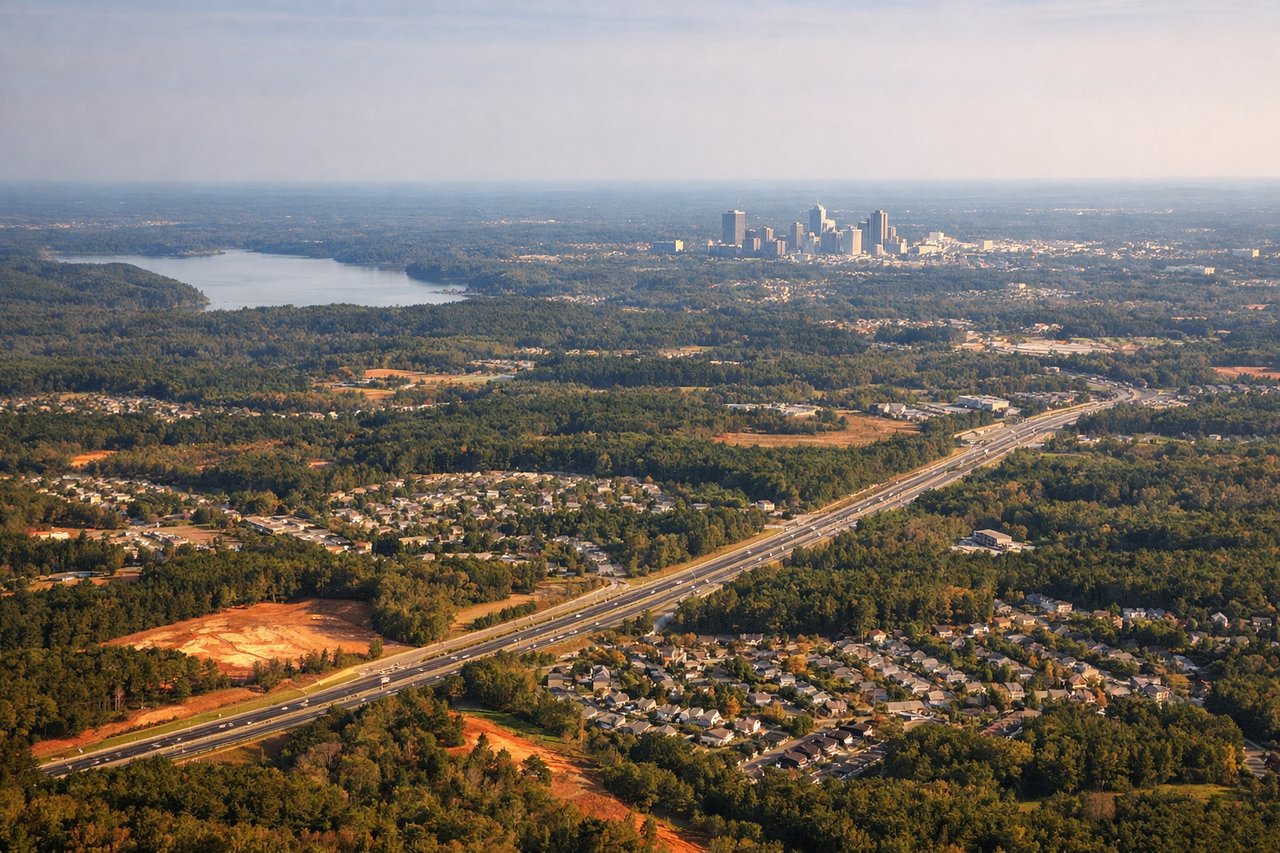 Aerial window seat view during landing at Raleigh-Durham (left side) — Neuse River, Durham-Raleigh metropolitan area, Piedmont terrain, Research Triangle Park region