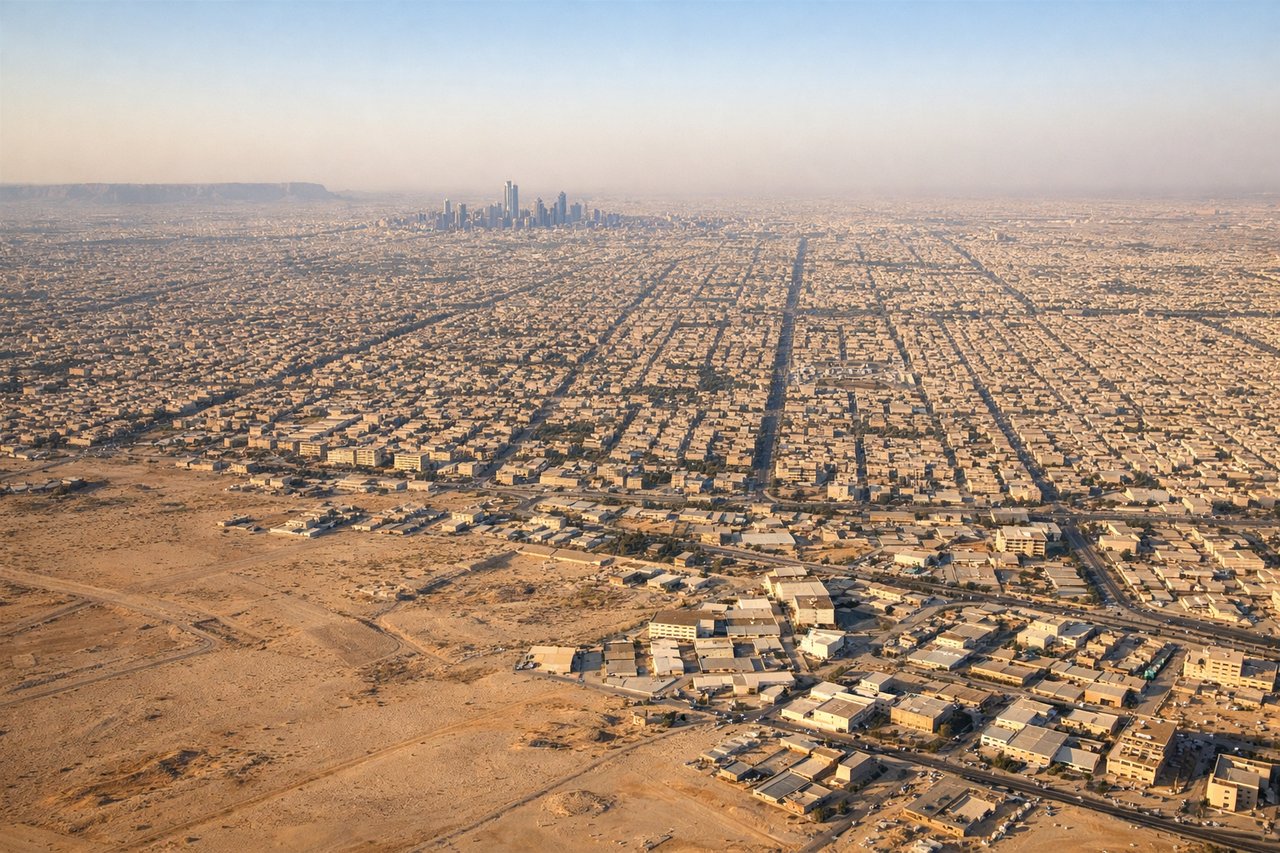 Aerial window seat view during landing at Riyadh (left side) — Riyadh city center and skyline, Wadi Hanifah (dry riverbed valley cutting through the plateau), Eastern Ring Road infrastructure, surrounding desert plateau with sparse vegetation