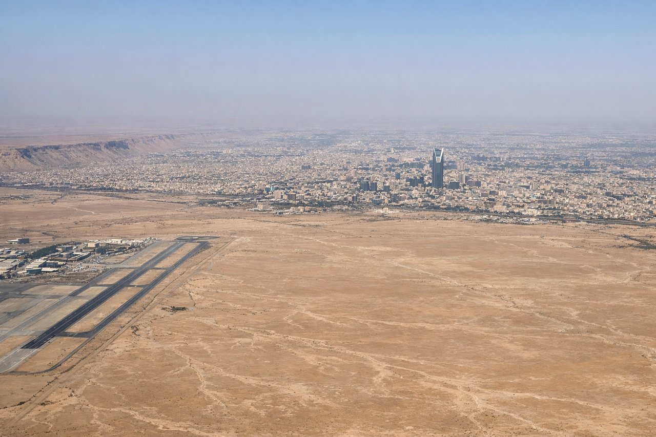 Aerial window seat view during landing at Riyadh (right side) — Riyadh skyline (Kingdom Centre Tower), An Nafud desert edges, King Fahd Road corridor, scattered green irrigated farmland patches