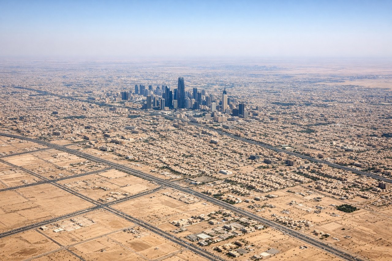 Aerial window seat view during takeoff from Riyadh (left side) — Riyadh city center and grid pattern, Wadi Hanifah valley system cutting through the plateau, flat Nejd desert plateau extending to the horizon, occasional dust storms or haze layers over the Arabian Peninsula interior