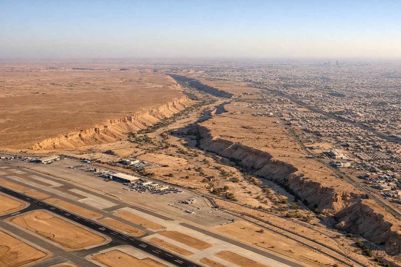 Right window seat view during takeoff from Riyadh (RUH) — Riyadh city grid and high-rises (immediate left during climb), Wadi Hanifah's green corridor snaking through the city (left, middle distance), Saudi National Museum area (left, lower altitude), desert plateau extending east and south