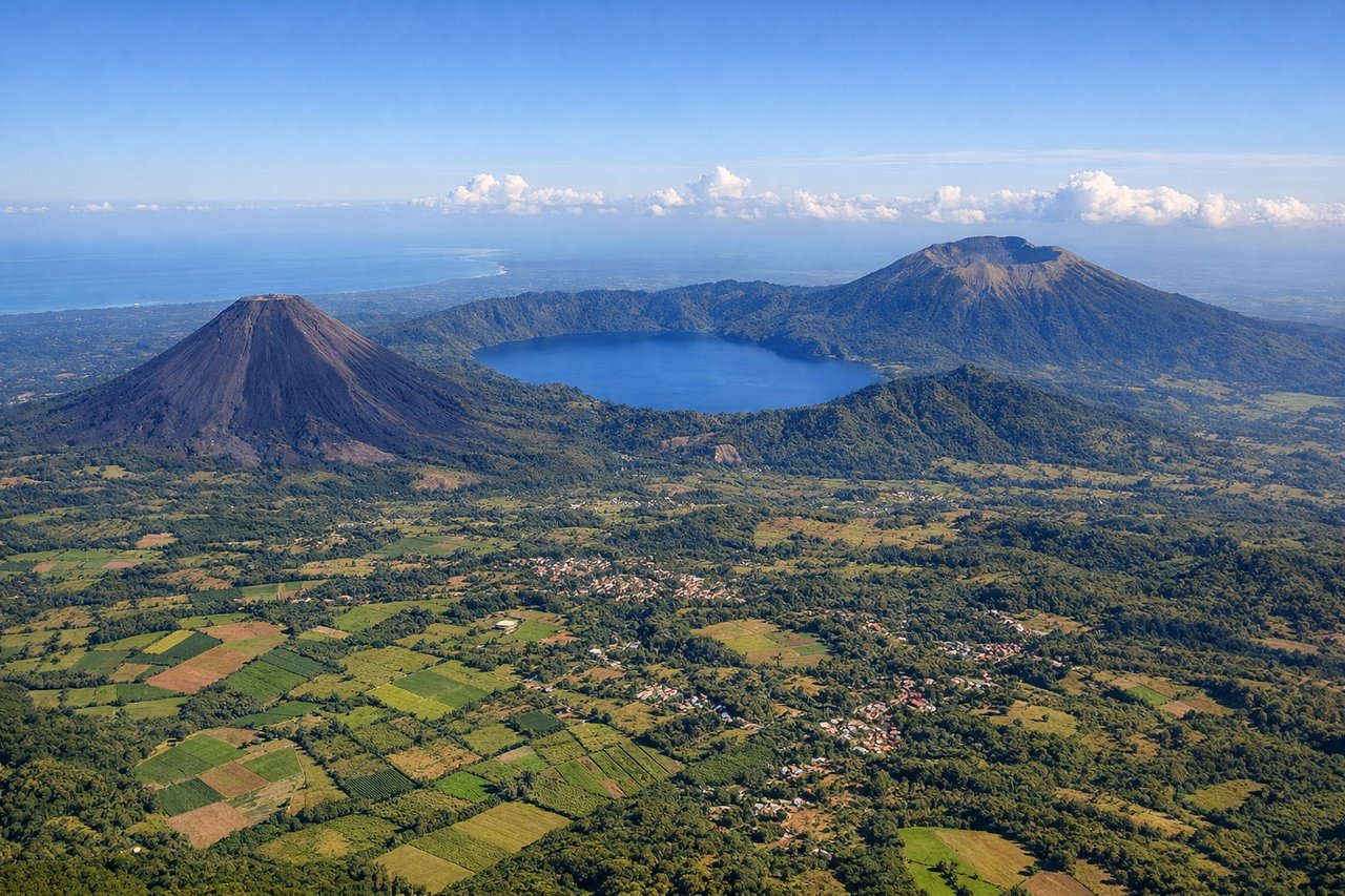 Aerial window seat view during landing at San Salvador (right side) — Santa Ana volcano (Ilamatepec), Izalco volcano, El Salvador Pacific coastal plain, Lago de Coatepeque