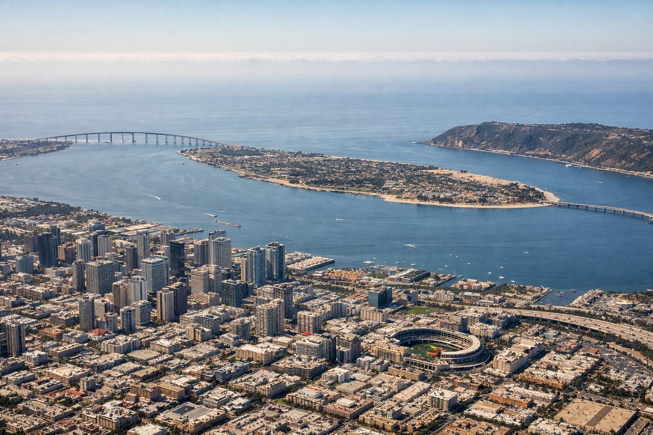 Aerial window seat view during landing at San Diego (right side) — Downtown San Diego skyline, Balboa Park, Mission Valley, Point Loma peninsula in the distance