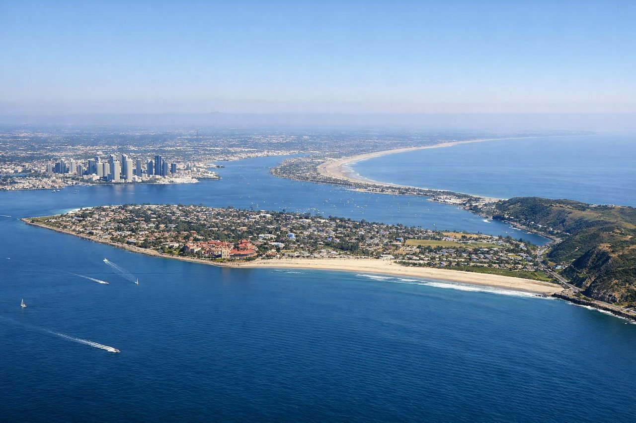 Right window seat view during takeoff from San Diego (SAN) — Downtown San Diego skyline, Coronado Bridge, Coronado Island/Naval Air Station, San Diego Bay