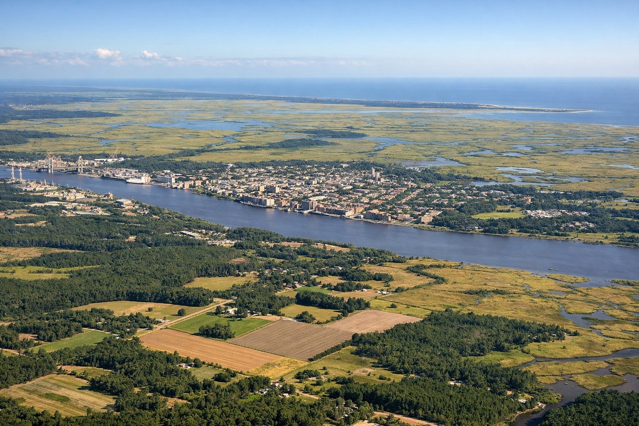 Left window seat view during landing at Savannah (SAV) — Savannah River, downtown Savannah street grid, Forsyth Park area, extensive salt marshes and tidal creeks to the south and east