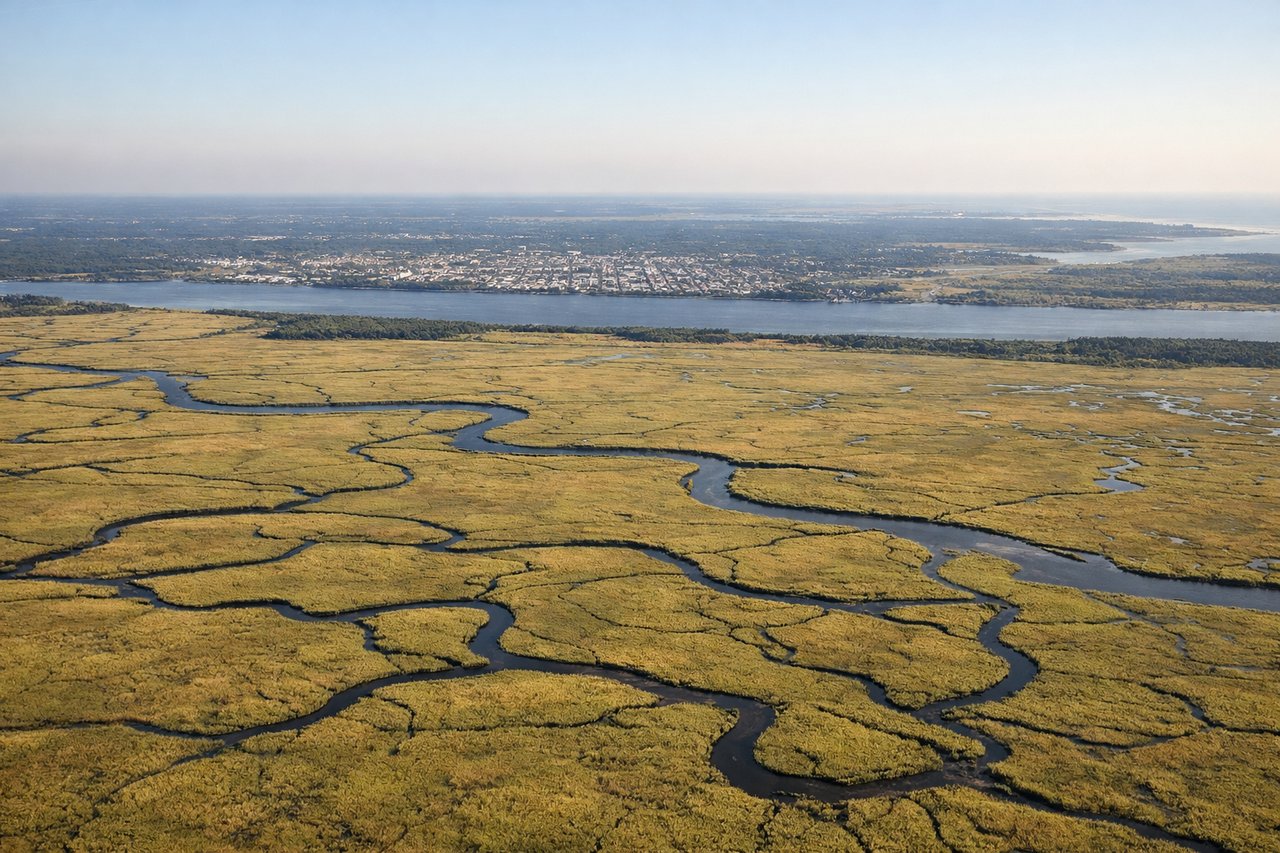 Right window seat view during landing at Savannah (SAV) — Savannah River, downtown Savannah street grid, Forsyth Park area, extensive salt marshes and tidal creeks to the south and east