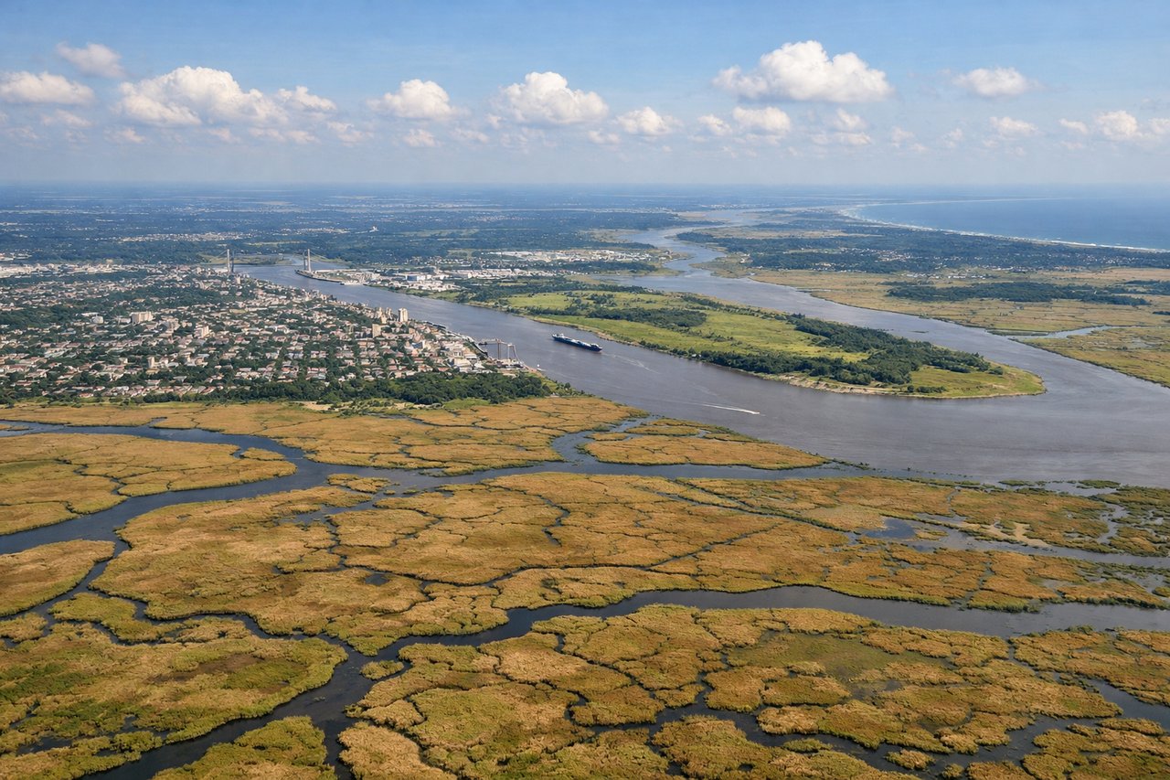 Left window seat view during takeoff from Savannah (SAV) — Savannah River (wide, meandering waterway), extensive salt marshes and tidal creeks, Hutchinson Island (barrier island to the southeast), Atlantic Ocean horizon (distant)