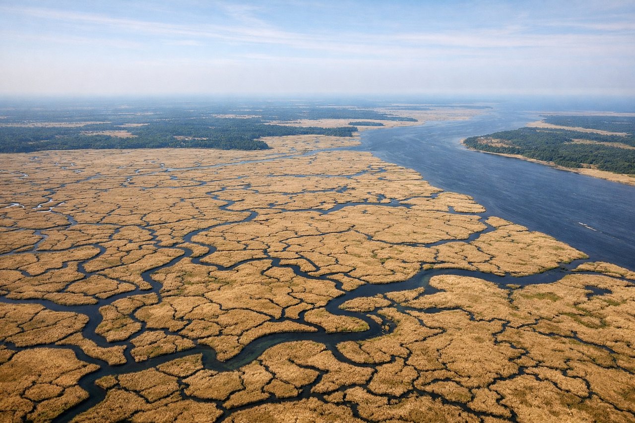 Right window seat view during takeoff from Savannah (SAV) — Savannah River (wide, meandering waterway), extensive salt marshes and tidal creeks, Hutchinson Island (barrier island to the southeast), Atlantic Ocean horizon (distant)