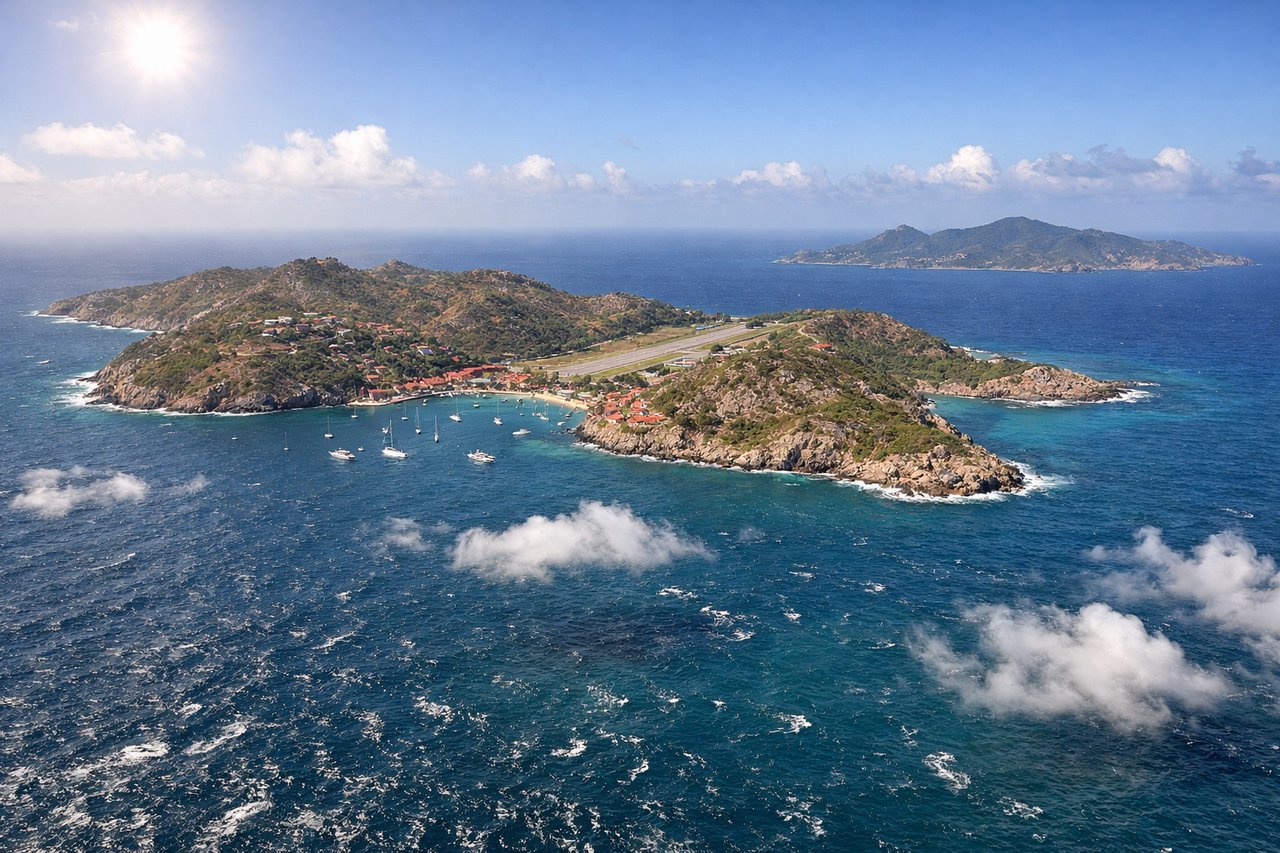 Left window seat view during landing at St. Barthélemy (SBH) — St. Jean Bay and beach, Col de la Tourmente hillside, hillside villas overlooking the runway, Caribbean Sea to the north