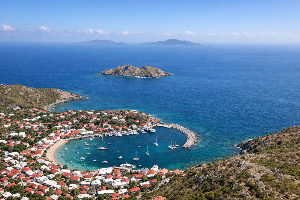 Right window seat view during takeoff from St. Barthélemy (SBH) — Saint Jean Beach, Baie de Saint Jean reef, Saint Martin/Sint Maarten (distant), Anguilla (distant horizon)
