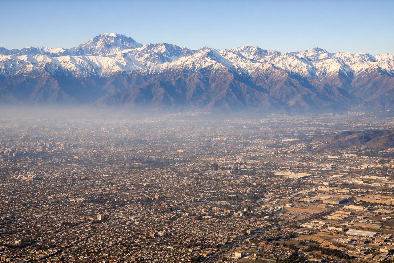 Aerial window seat view during landing at Santiago (left side) — Andes Cordillera front range, snow-capped peaks near Cerro El Plomo, Santiago basin, Mapocho River valley