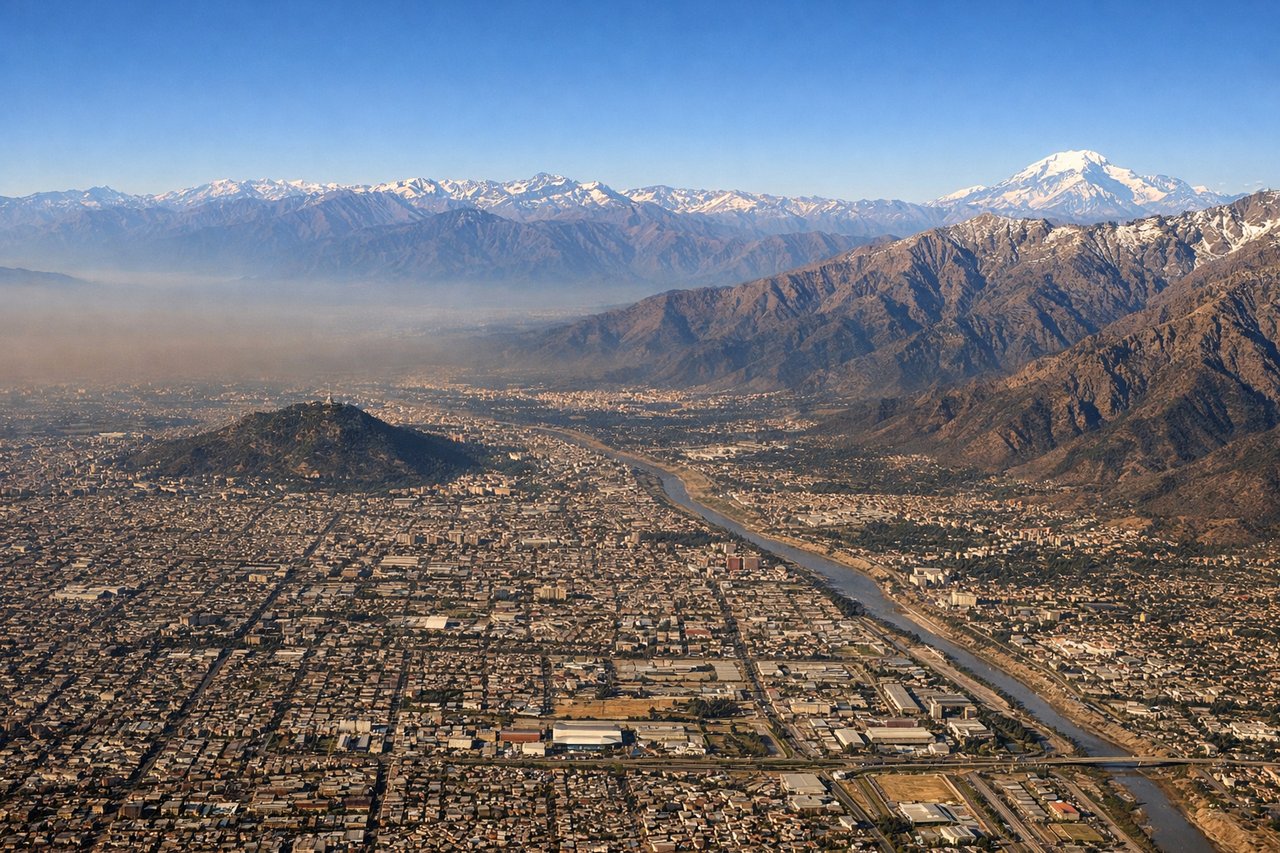 Right window seat view during landing at Santiago (SCL) — Andes Cordillera with snow-capped peaks, Santiago's urban grid in the valley, Maipo River valley, Cerro San Cristobal hill near the city center