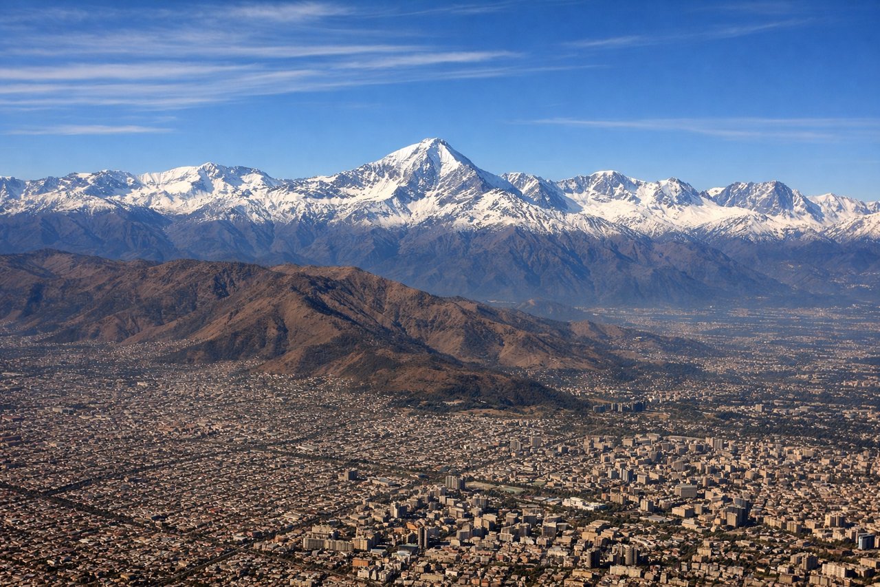Aerial window seat view during takeoff from Santiago (left side) — Cerro El Plomo, Andes front range, Santiago basin/city grid, Maipo river valley