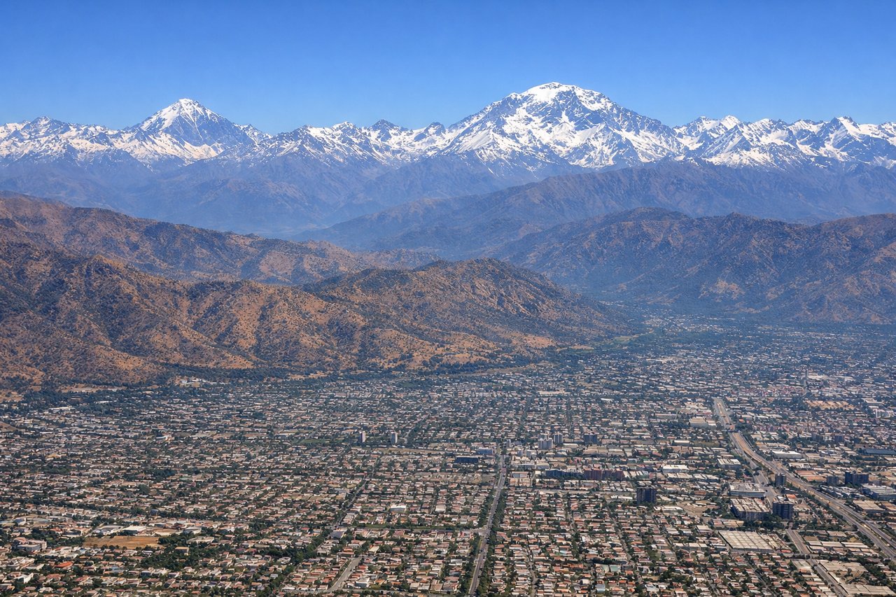 Right window seat view during takeoff from Santiago (SCL) — Andes Cordillera, Cerro El Plomo, Maipo Valley foothills, Santiago's eastern suburbs at the base of the mountains